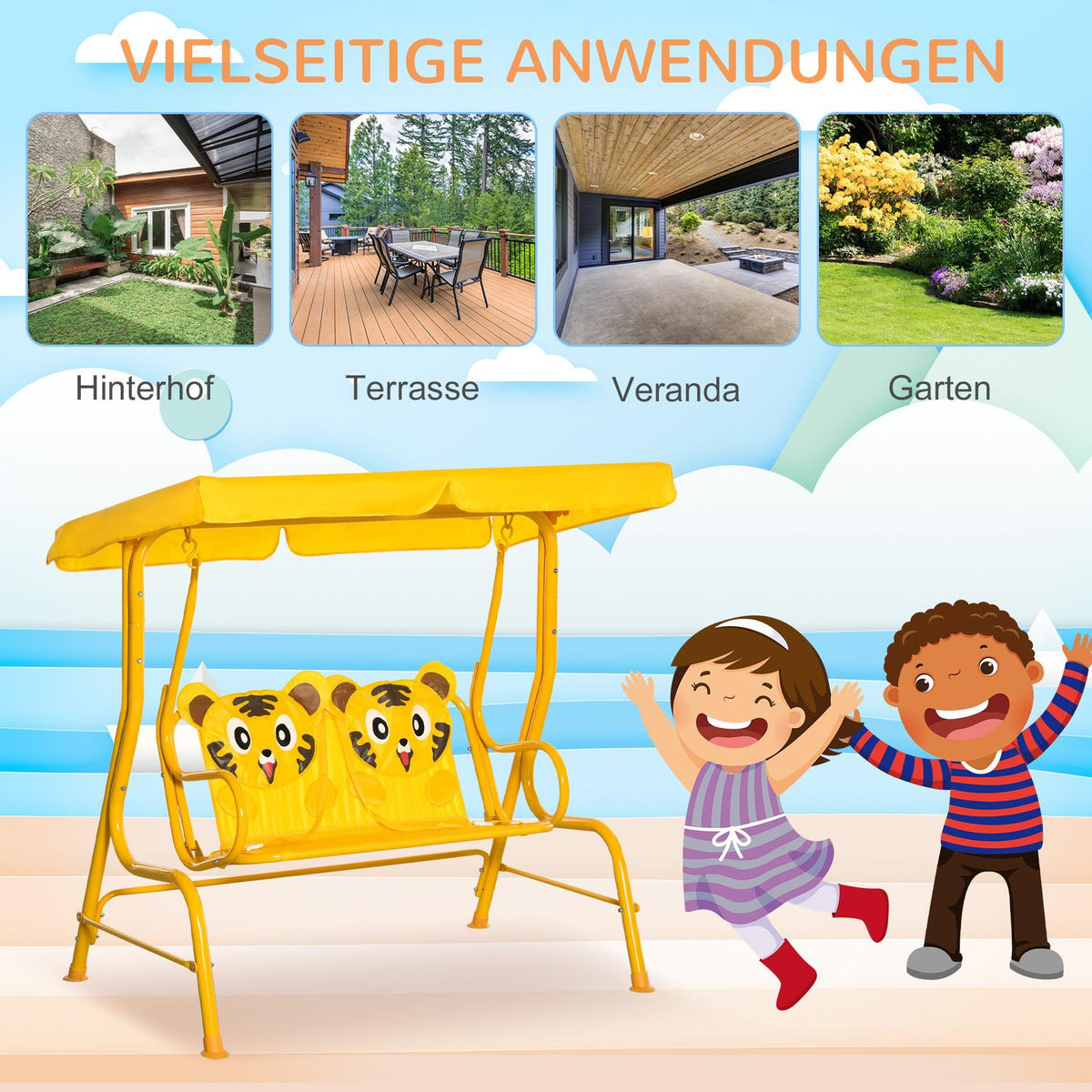 Children'S Swing 2-Seater Hollywood Swing Sun Canopy Garden Swing Metal Yellow 110X74X113Cm