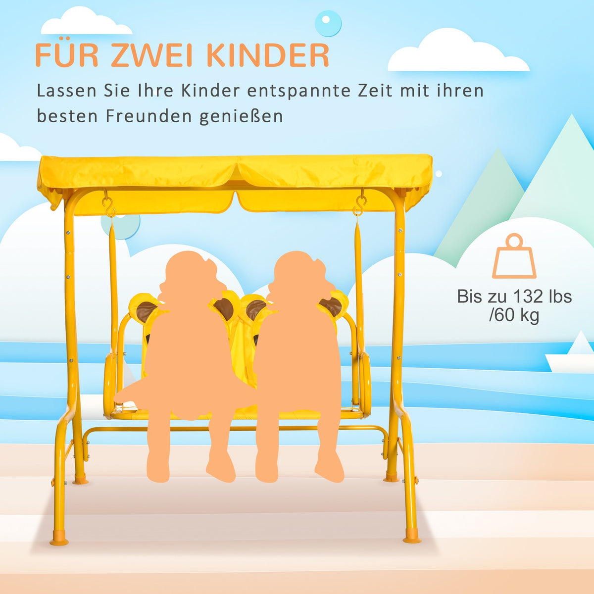 Children'S Swing 2-Seater Hollywood Swing Sun Canopy Garden Swing Metal Yellow 110X74X113Cm