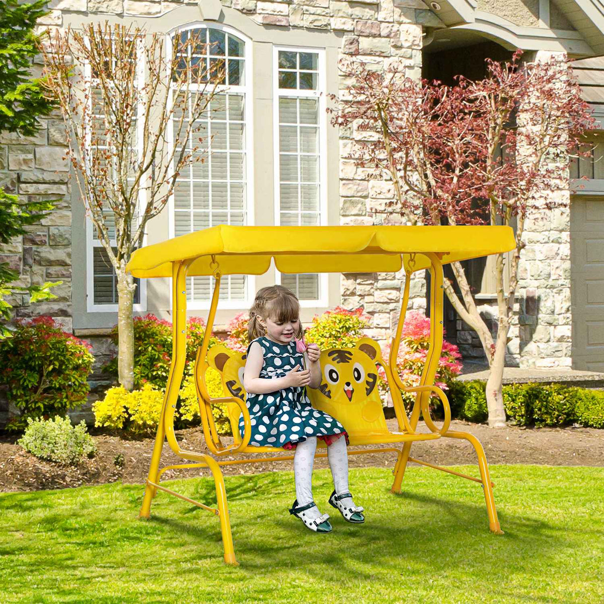 Children'S Swing 2-Seater Hollywood Swing Sun Canopy Garden Swing Metal Yellow 110X74X113Cm