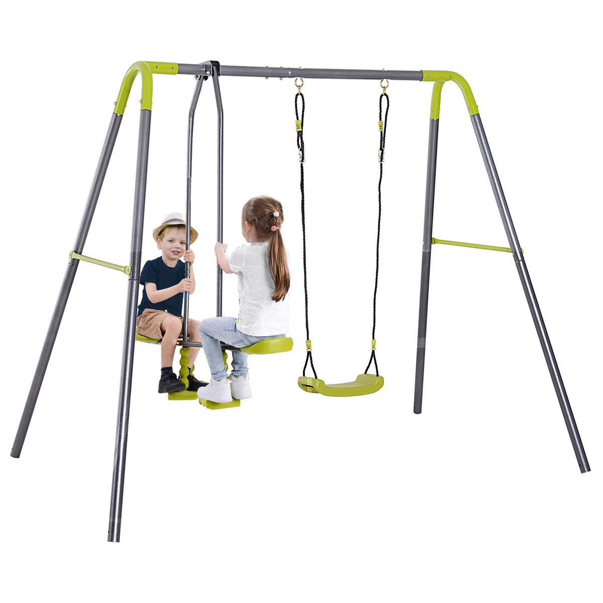Children'S Swing, Double Swing With Metal Frame And Rocker, For 3-10 Years, Up To 3 Children, Garden Swing