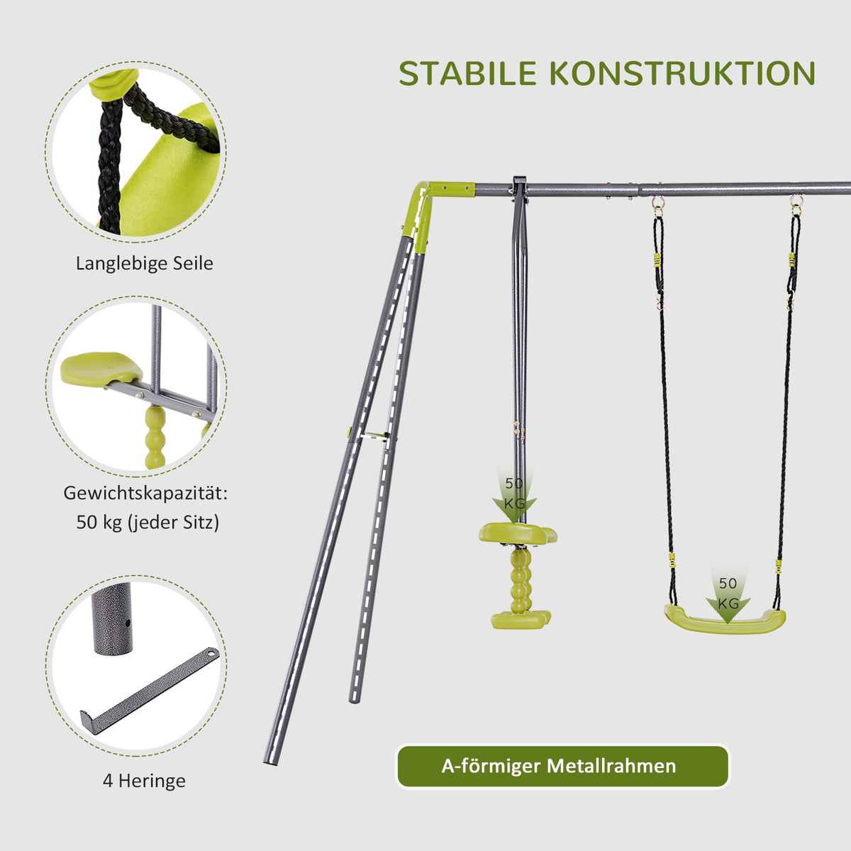 Children'S Swing, Double Swing With Metal Frame And Rocker, For 3-10 Years, Up To 3 Children, Garden Swing