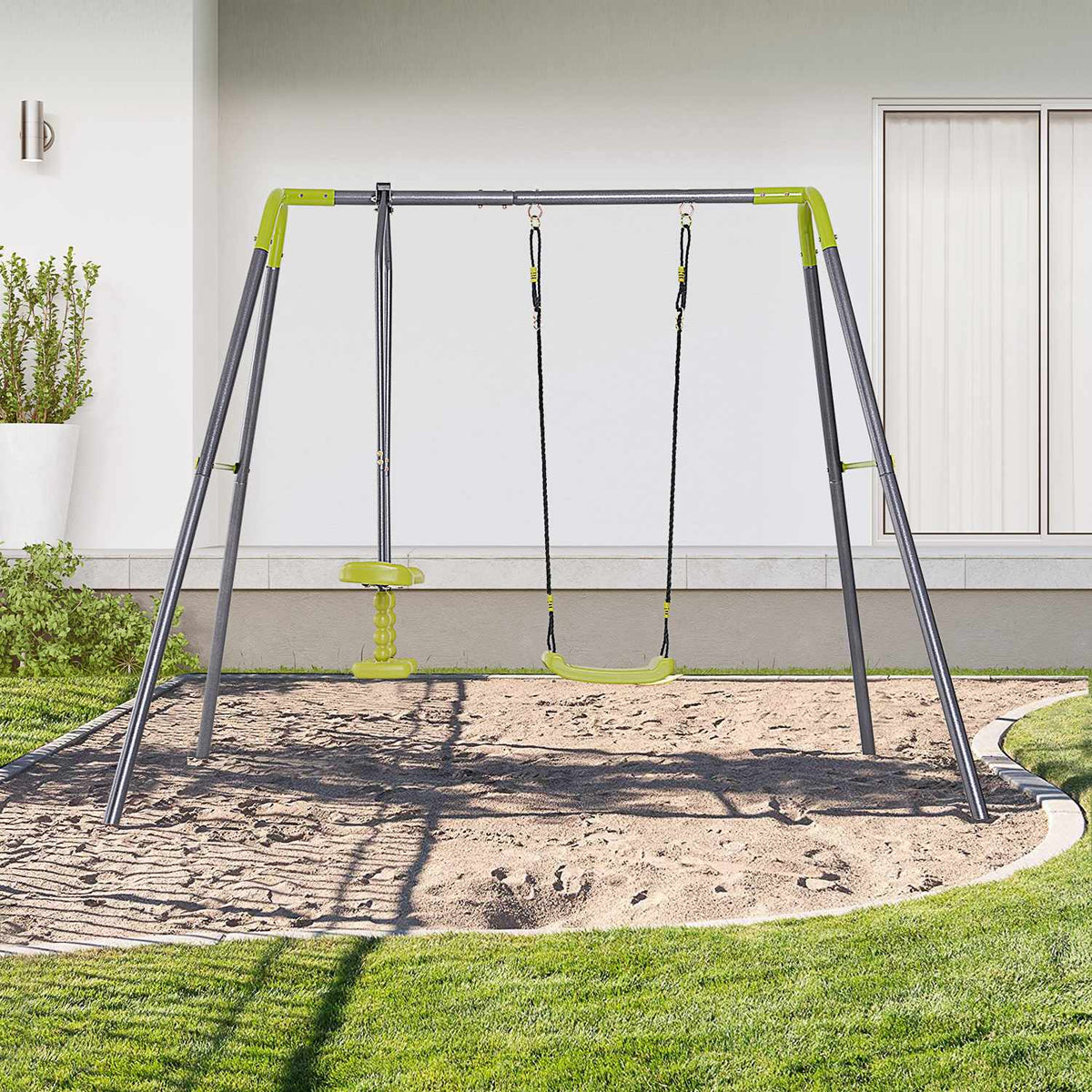 Children'S Swing, Double Swing With Metal Frame And Rocker, For 3-10 Years, Up To 3 Children, Garden Swing