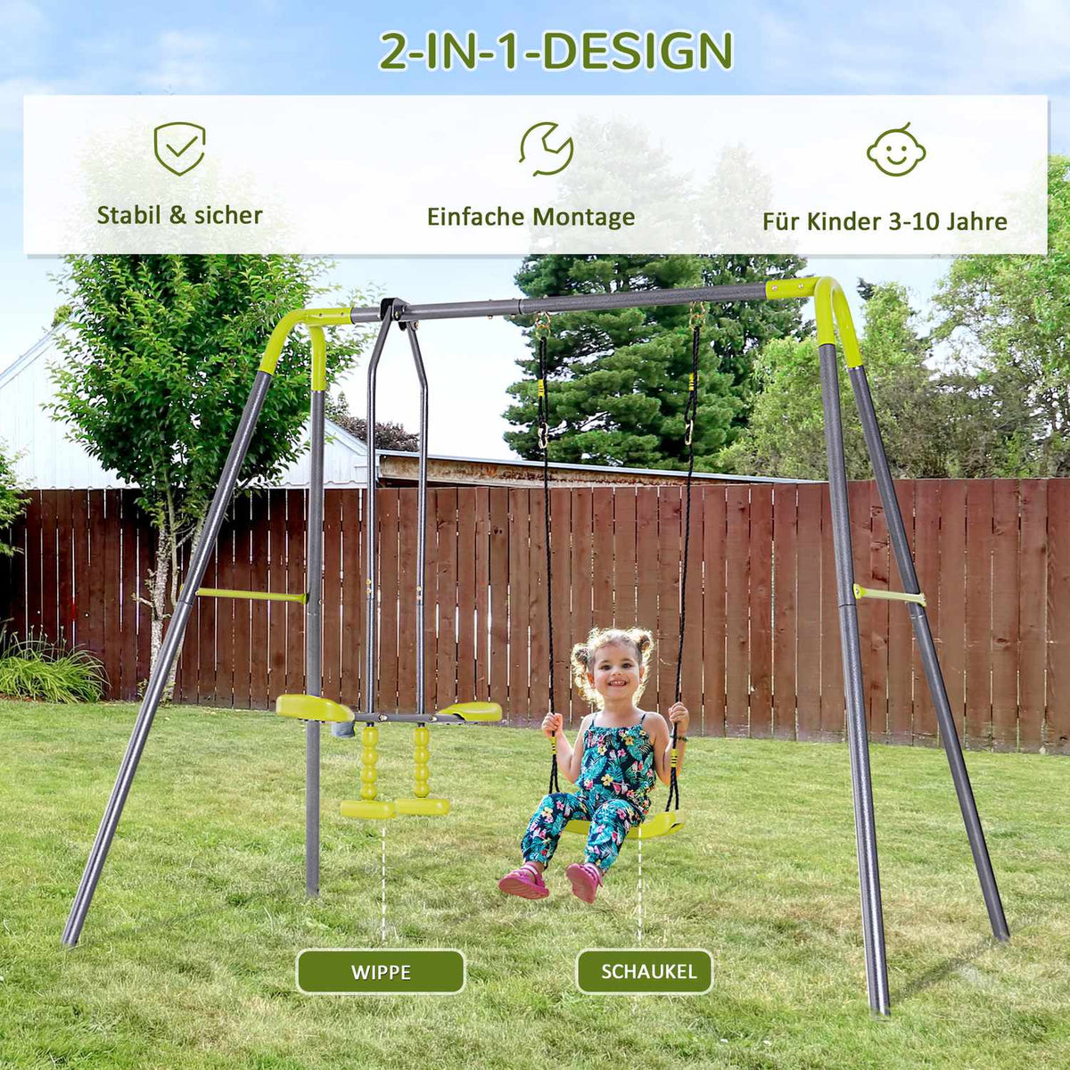 Children'S Swing, Double Swing With Metal Frame And Rocker, For 3-10 Years, Up To 3 Children, Garden Swing