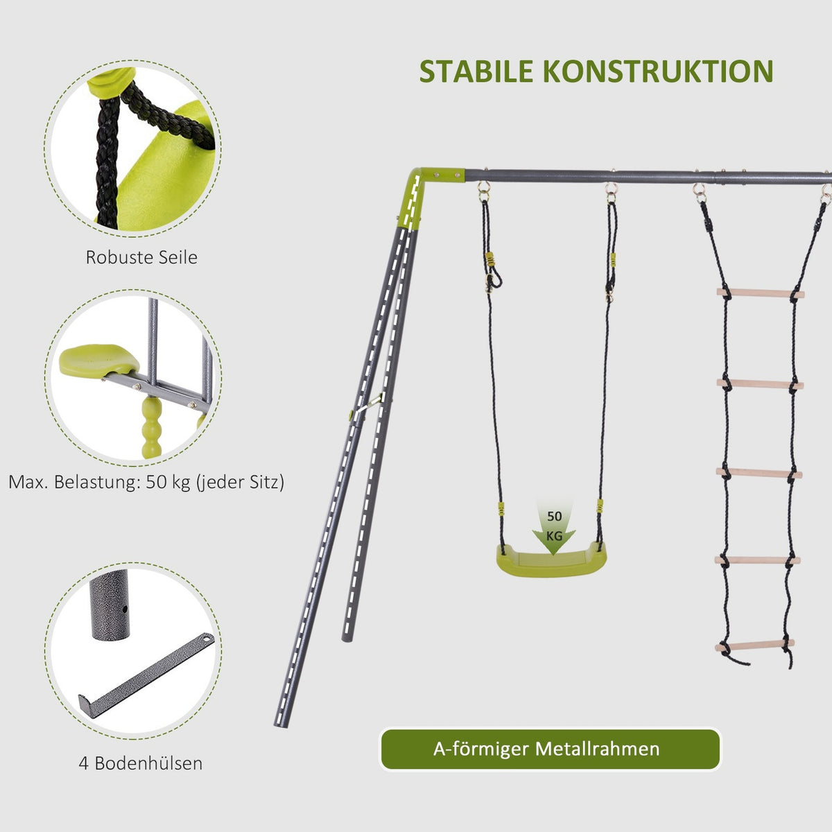 Children'S Swing Garden Swing With Metal Frame, Climbing Rope Ladder & Seesaw, For 3-10 Years, Up To 3 Children