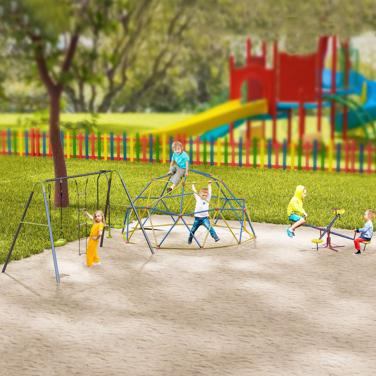 Children'S Swing Garden Swing With Metal Frame, Climbing Rope Ladder & Seesaw, For 3-10 Years, Up To 3 Children