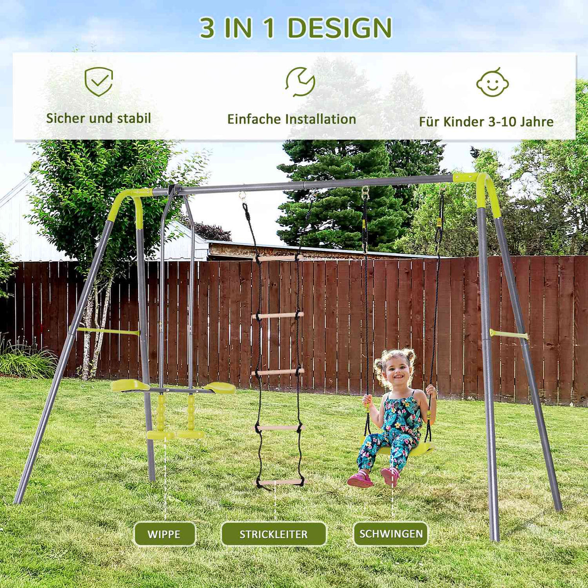 Children'S Swing Garden Swing With Metal Frame, Climbing Rope Ladder & Seesaw, For 3-10 Years, Up To 3 Children