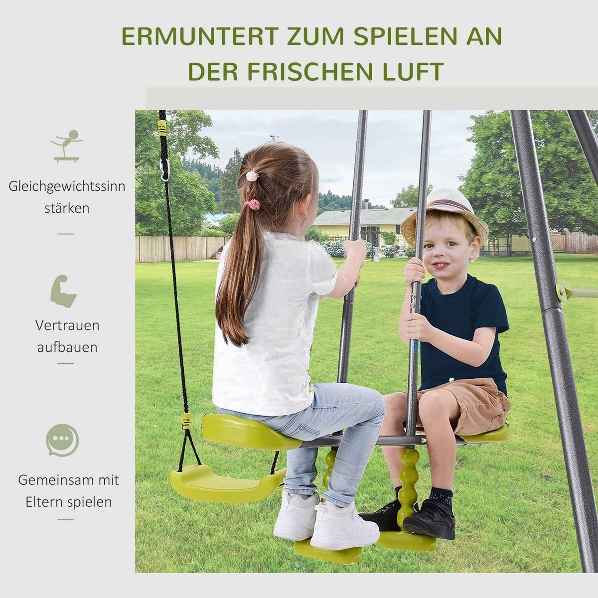 Children'S Swing Garden Swing With Metal Frame, Climbing Rope Ladder & Seesaw, For 3-10 Years, Up To 3 Children