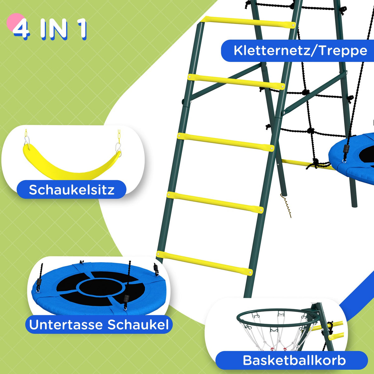 Children'S Swing Set 4 In 1 Swing Frame With 2 Swings, Basketball Hoop, Climbing Ladder, Steel, Yellow, For 3-8 Years