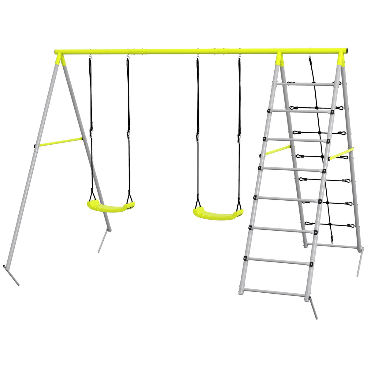 Children'S Swing Set Swing Frame 2 Swings Climbing Net Rung Ladder Garden Swing 3-8 Years Steel Green