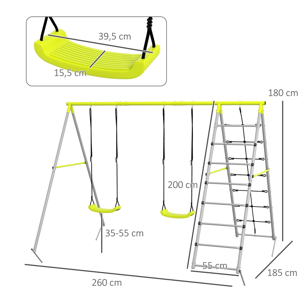 Children'S Swing Set Swing Frame 2 Swings Climbing Net Rung Ladder Garden Swing 3-8 Years Steel Green