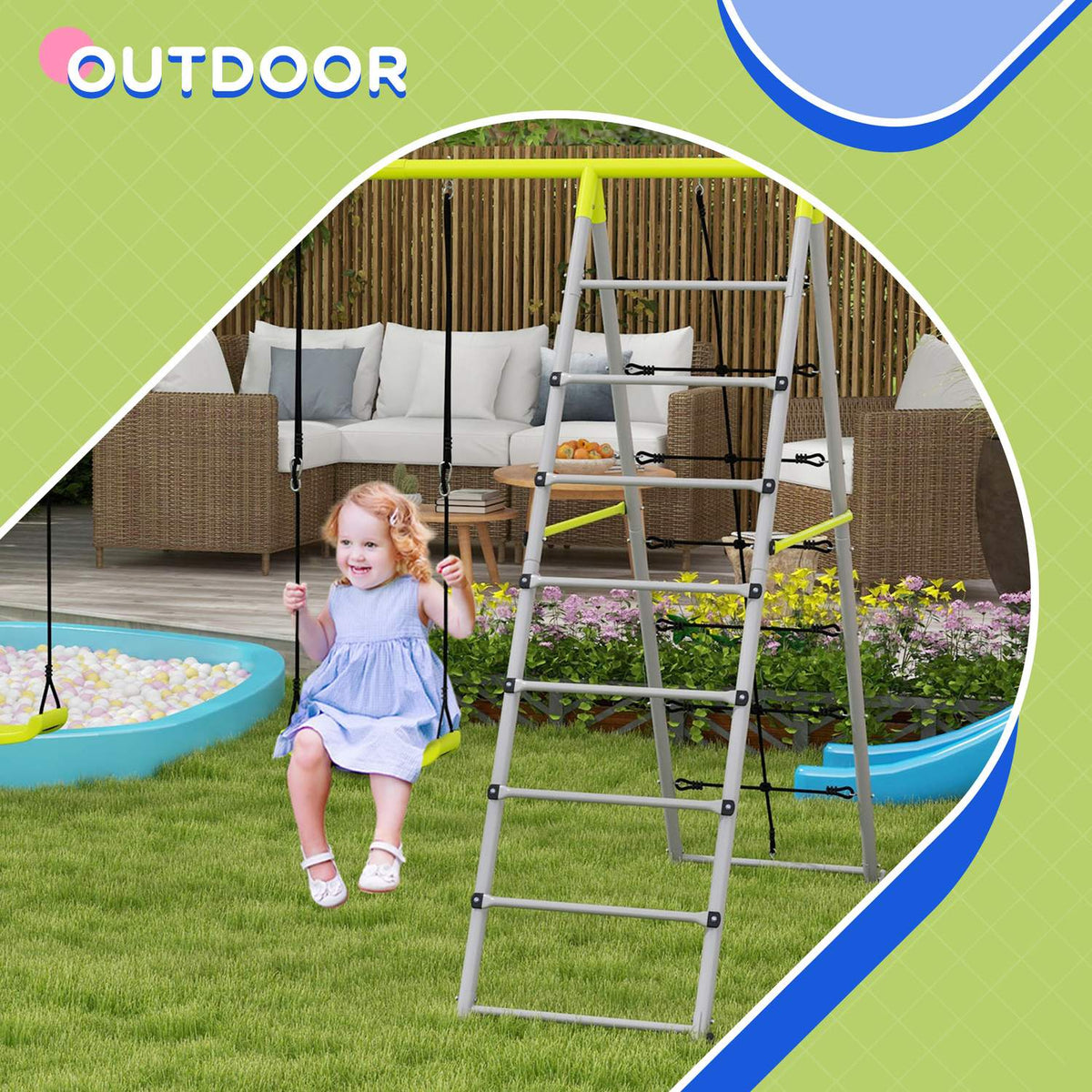 Children'S Swing Set Swing Frame 2 Swings Climbing Net Rung Ladder Garden Swing 3-8 Years Steel Green