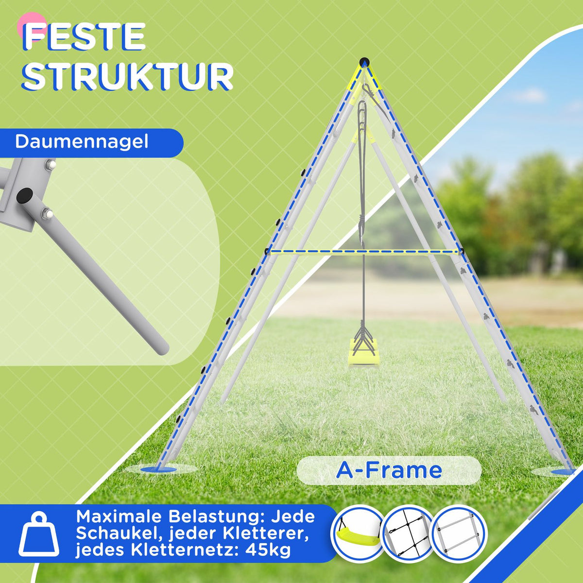 Children'S Swing Set Swing Frame 2 Swings Climbing Net Rung Ladder Garden Swing 3-8 Years Steel Green