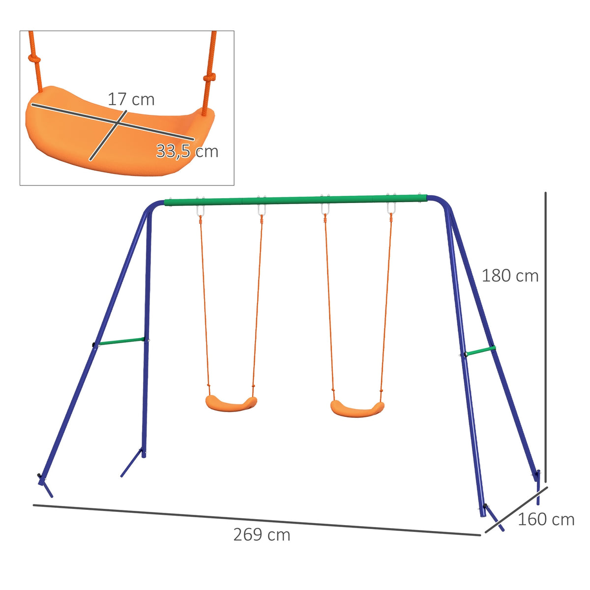 Children'S Swing Set, Swing Frame With 2 Swings, Swing Frame, Garden Swing For Two Children 3-8 Years, Steel, 2.69 X 1.6 X 1.8 M
