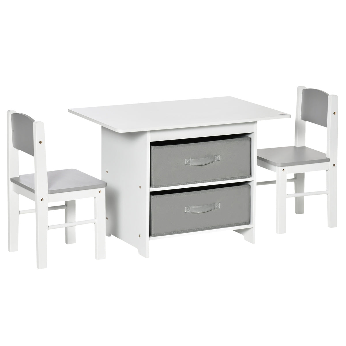 Children'S Table With Storage Space & 2 Storage Baskets, Wood, Non-Woven Fabric, White + Gray, 71X48X49Cm