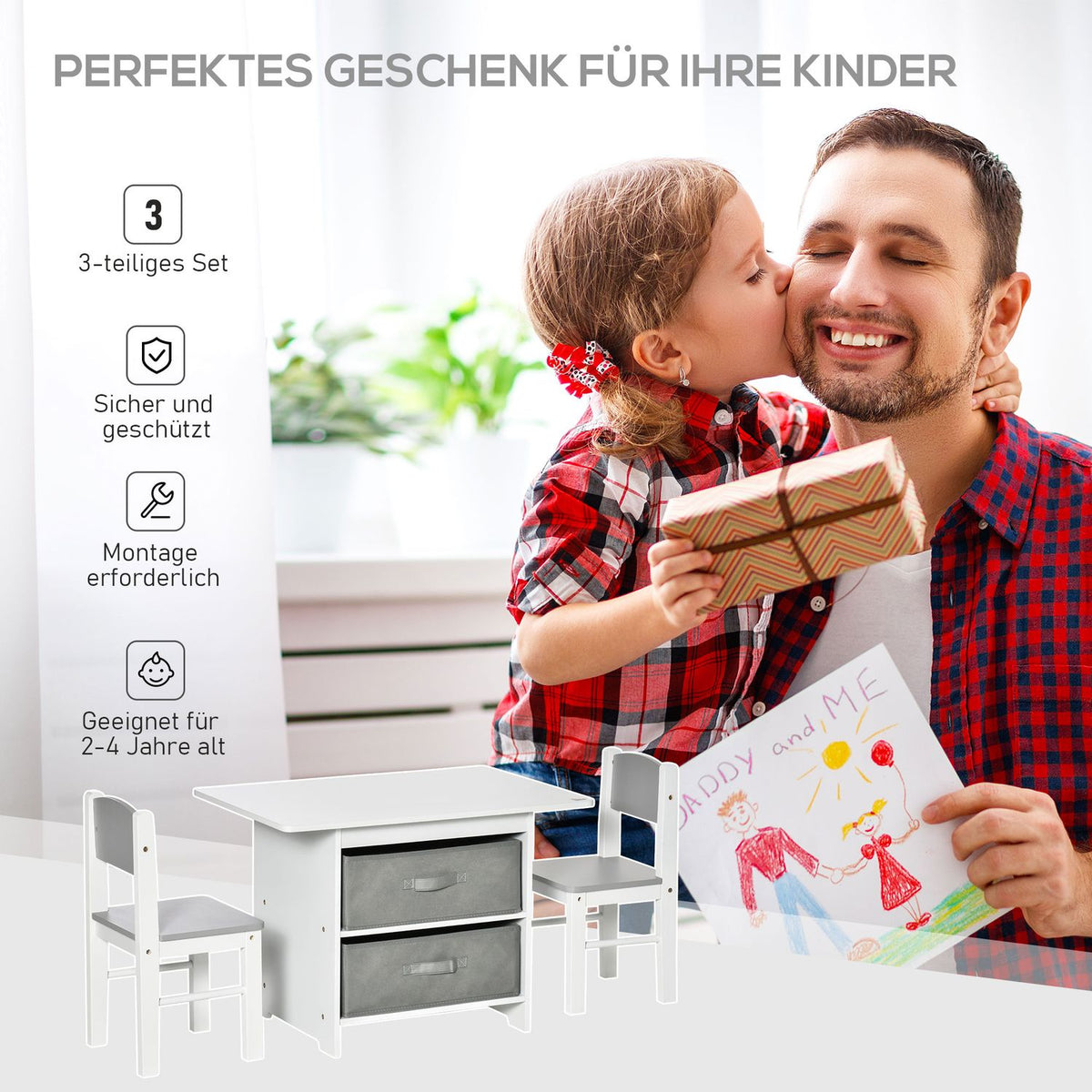 Children'S Table With Storage Space & 2 Storage Baskets, Wood, Non-Woven Fabric, White + Gray, 71X48X49Cm