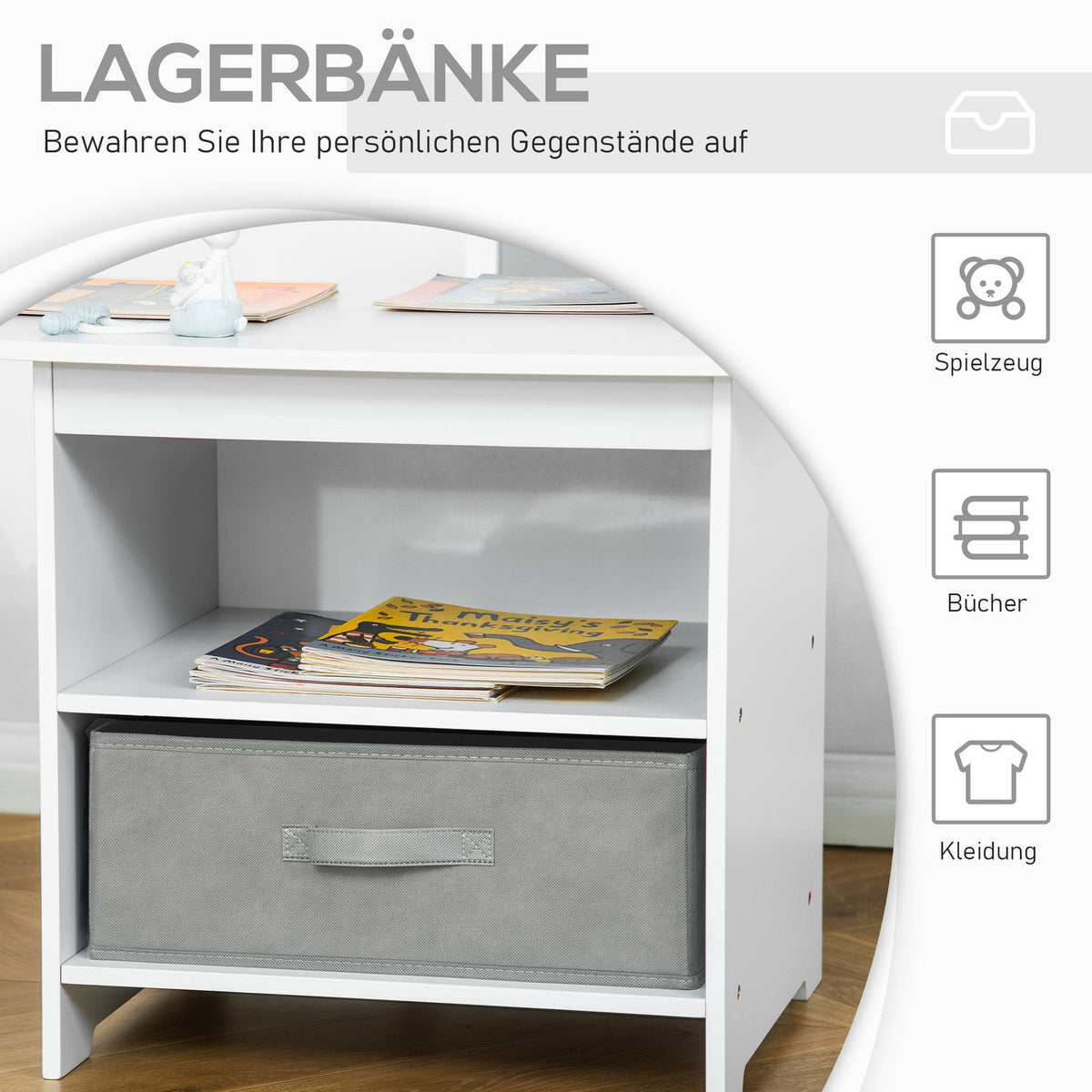 Children'S Table With Storage Space & 2 Storage Baskets, Wood, Non-Woven Fabric, White + Gray, 71X48X49Cm