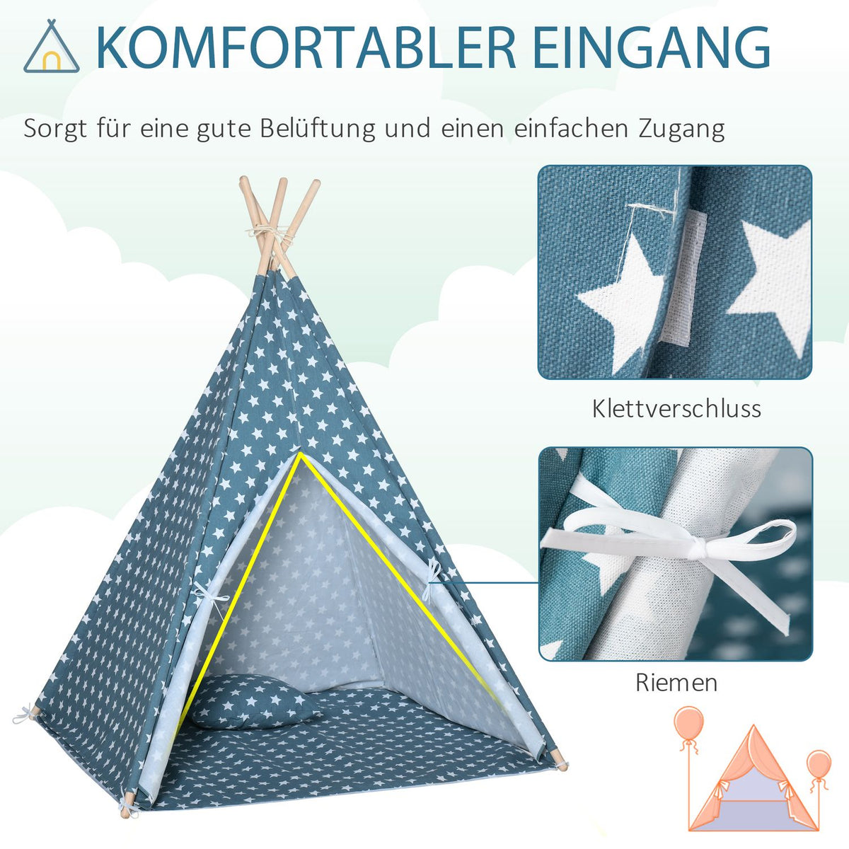 Children'S Tent Tipi Indoor Outdoor Foldable Children'S Room Blue 120X120X155Cm