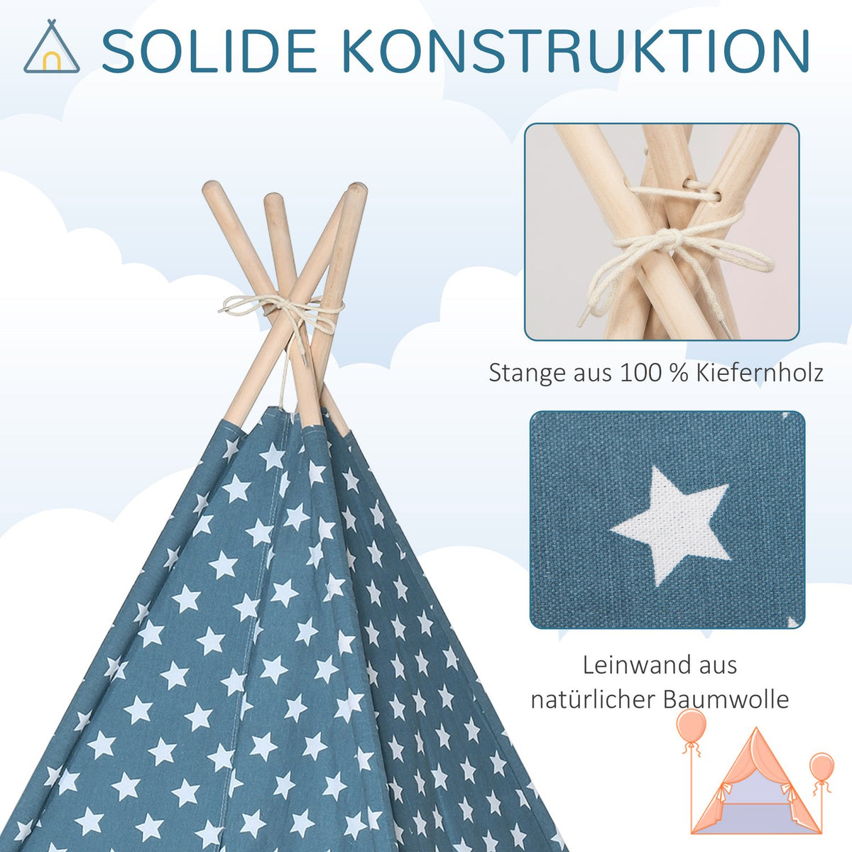Children'S Tent Tipi Indoor Outdoor Foldable Children'S Room Blue 120X120X155Cm