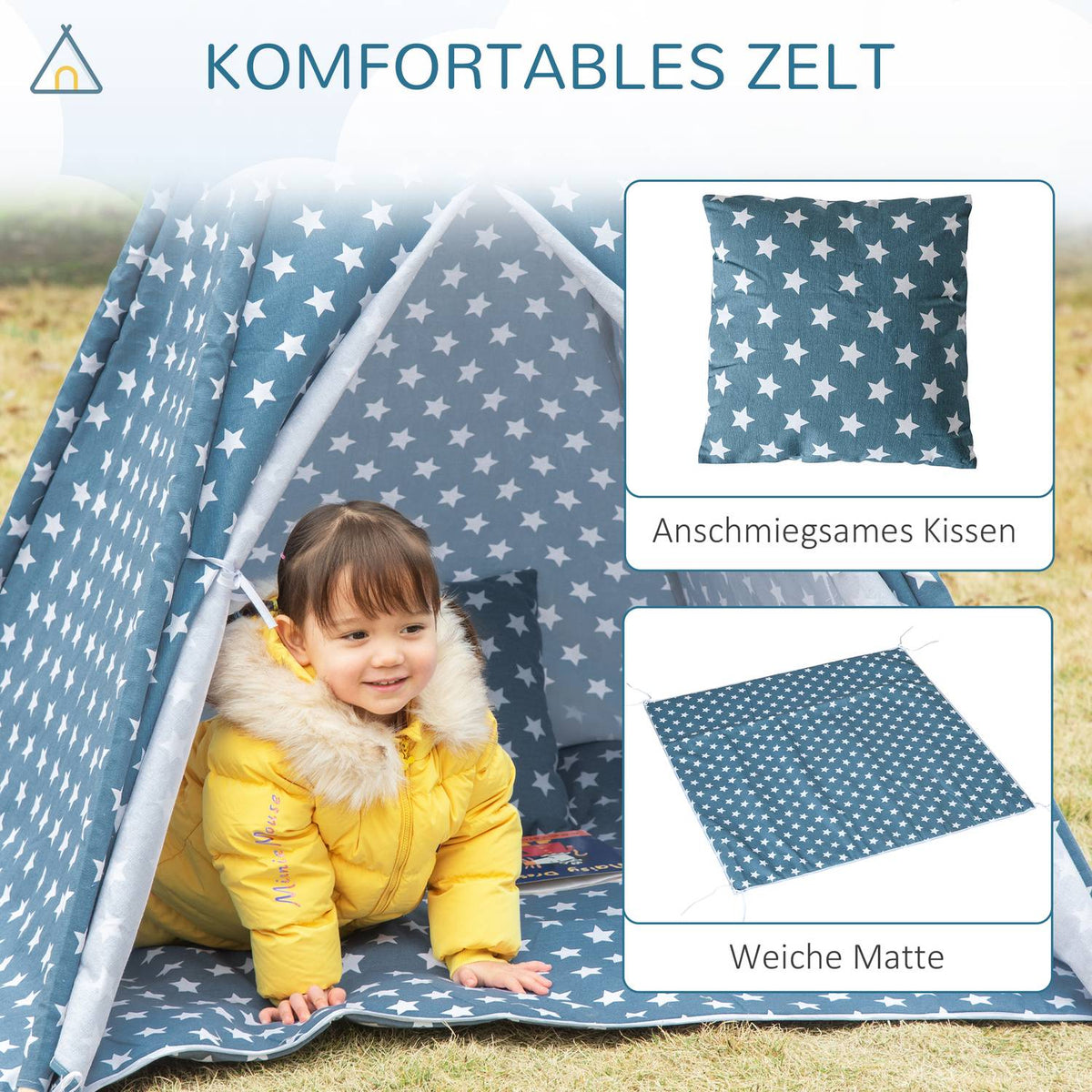 Children'S Tent Tipi Indoor Outdoor Foldable Children'S Room Blue 120X120X155Cm