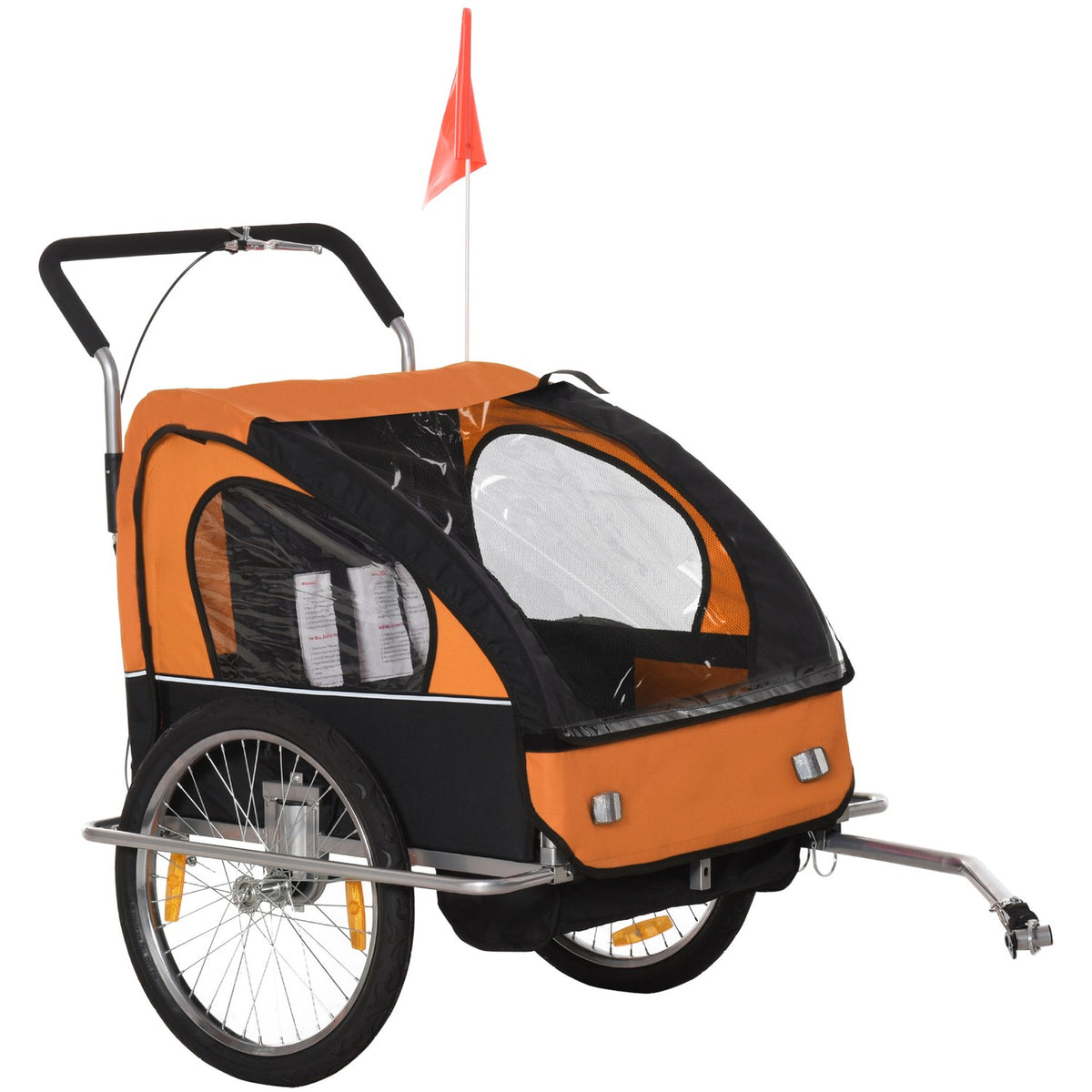 Children'S Trailer Bicycle Trailer Children'S Bike Trailer For 2 Children With Flag Rain Protection Breathable Steel Orange + Black 142 X 85 X 105 Cm