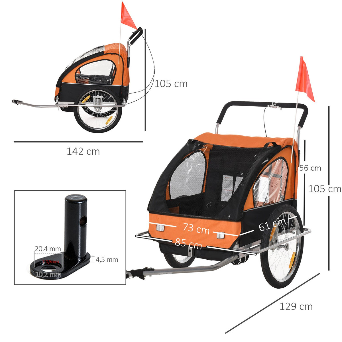 Children'S Trailer Bicycle Trailer Children'S Bike Trailer For 2 Children With Flag Rain Protection Breathable Steel Orange + Black 142 X 85 X 105 Cm