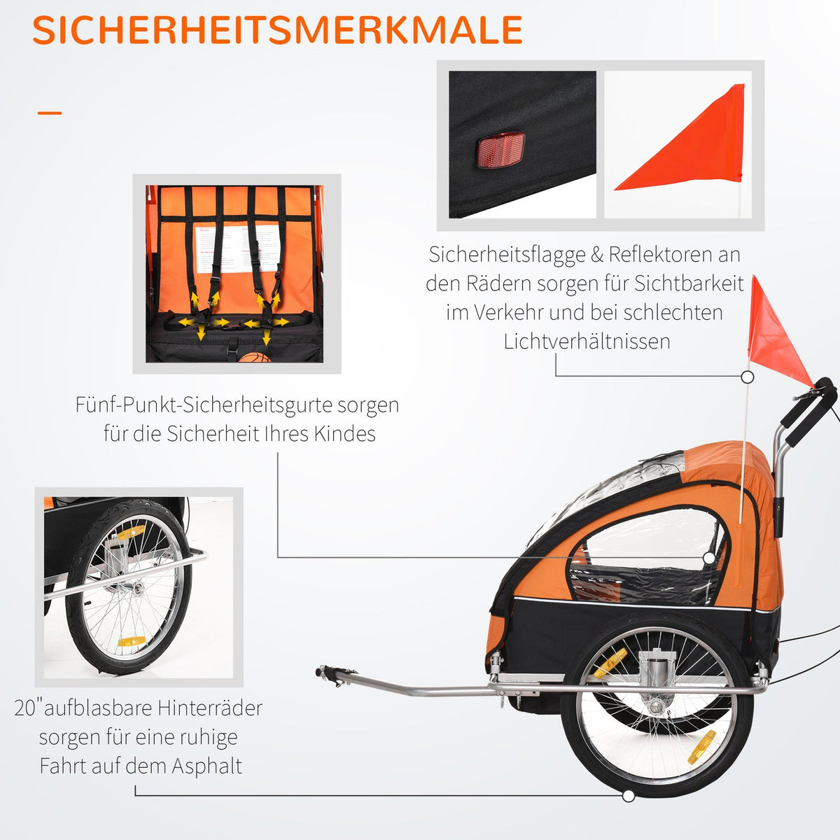 Children'S Trailer Bicycle Trailer Children'S Bike Trailer For 2 Children With Flag Rain Protection Breathable Steel Orange + Black 142 X 85 X 105 Cm