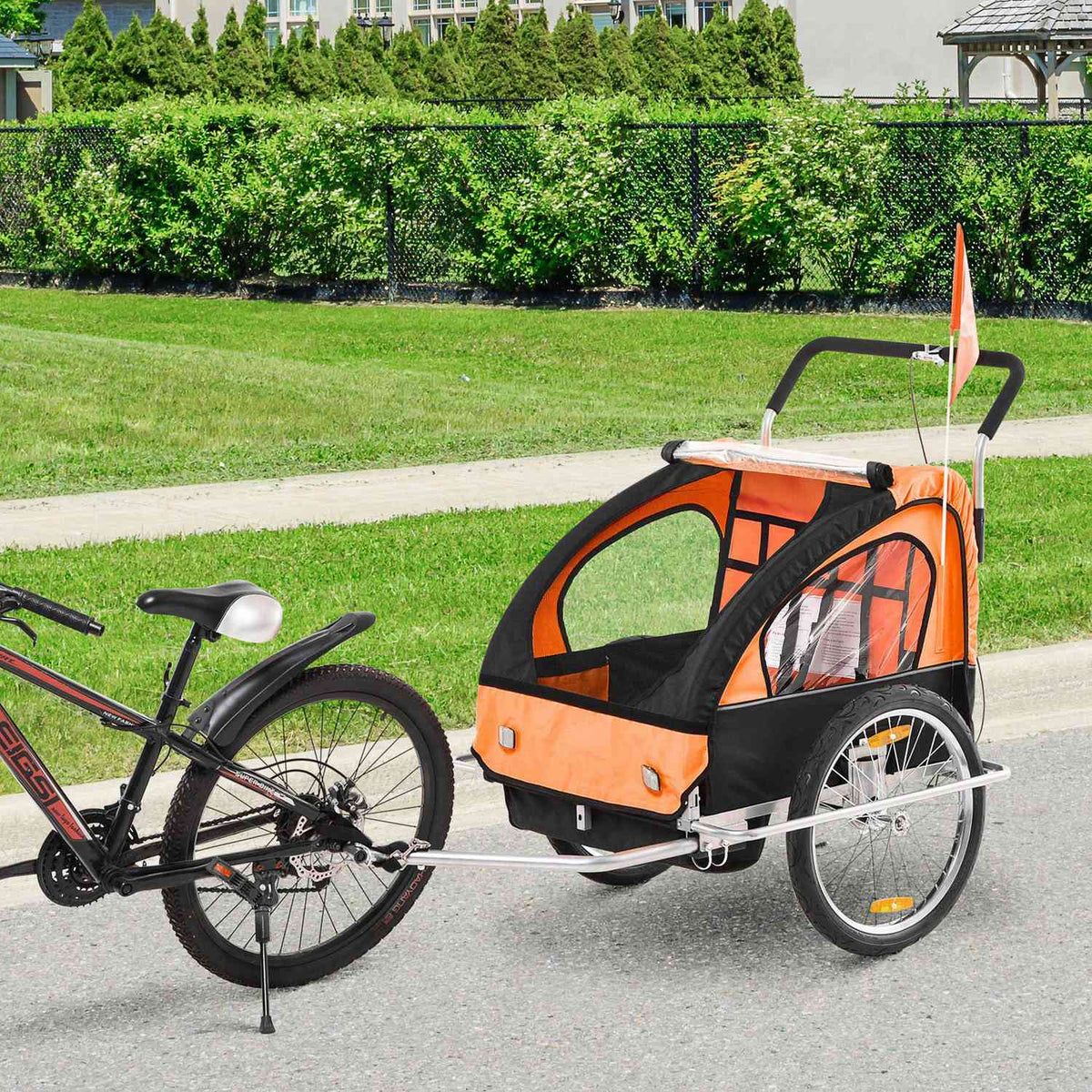 Children'S Trailer Bicycle Trailer Children'S Bike Trailer For 2 Children With Flag Rain Protection Breathable Steel Orange + Black 142 X 85 X 105 Cm