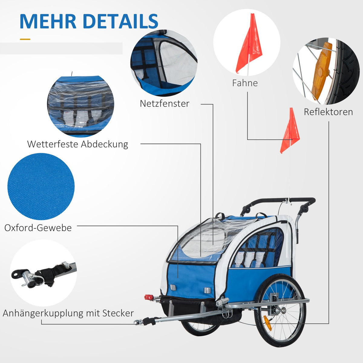 Children'S Trailer Bicycle Trailer Flag, Rain Cover, Breathable, Oxford Fabric, Blue, 155X88X108Cm