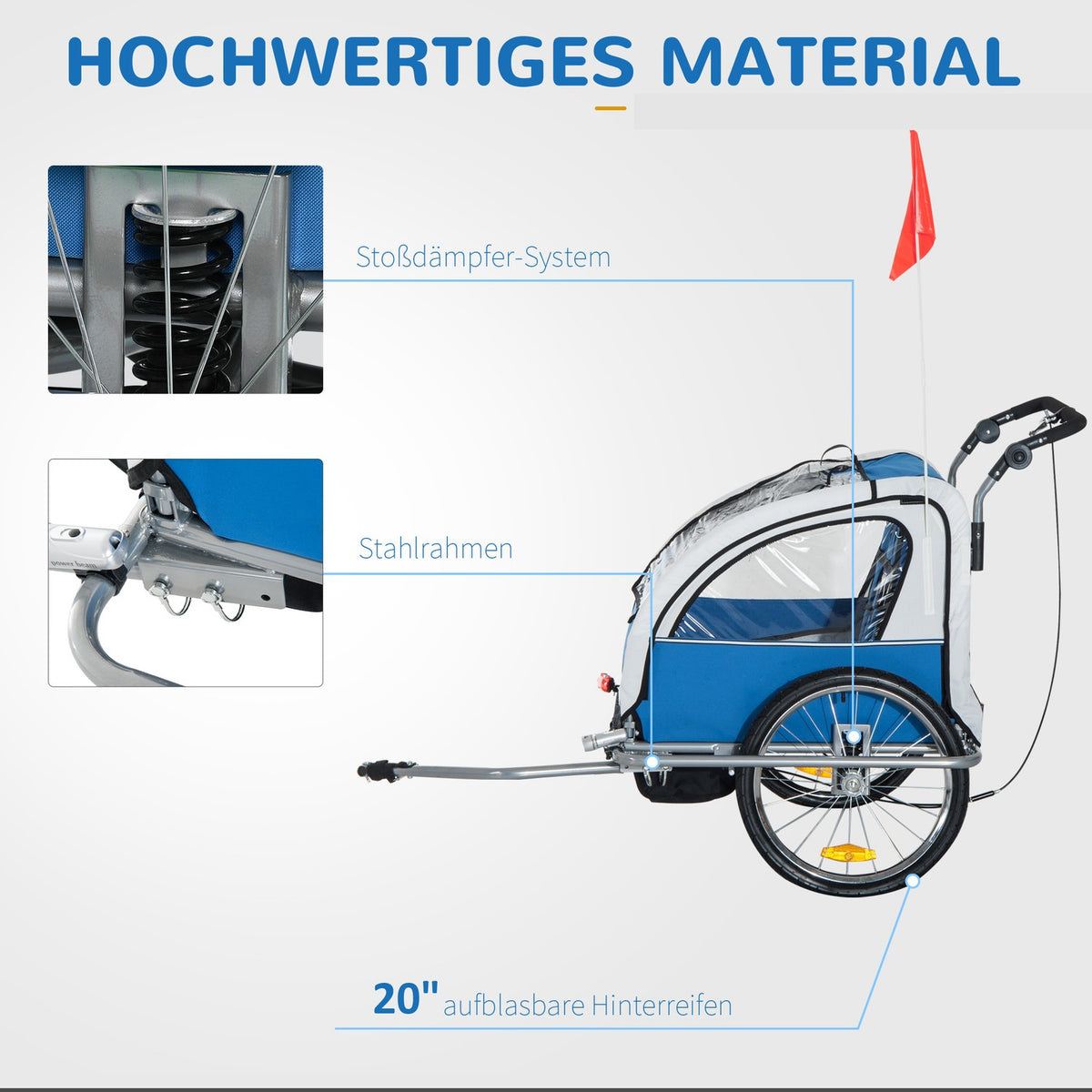Children'S Trailer Bicycle Trailer Flag, Rain Cover, Breathable, Oxford Fabric, Blue, 155X88X108Cm
