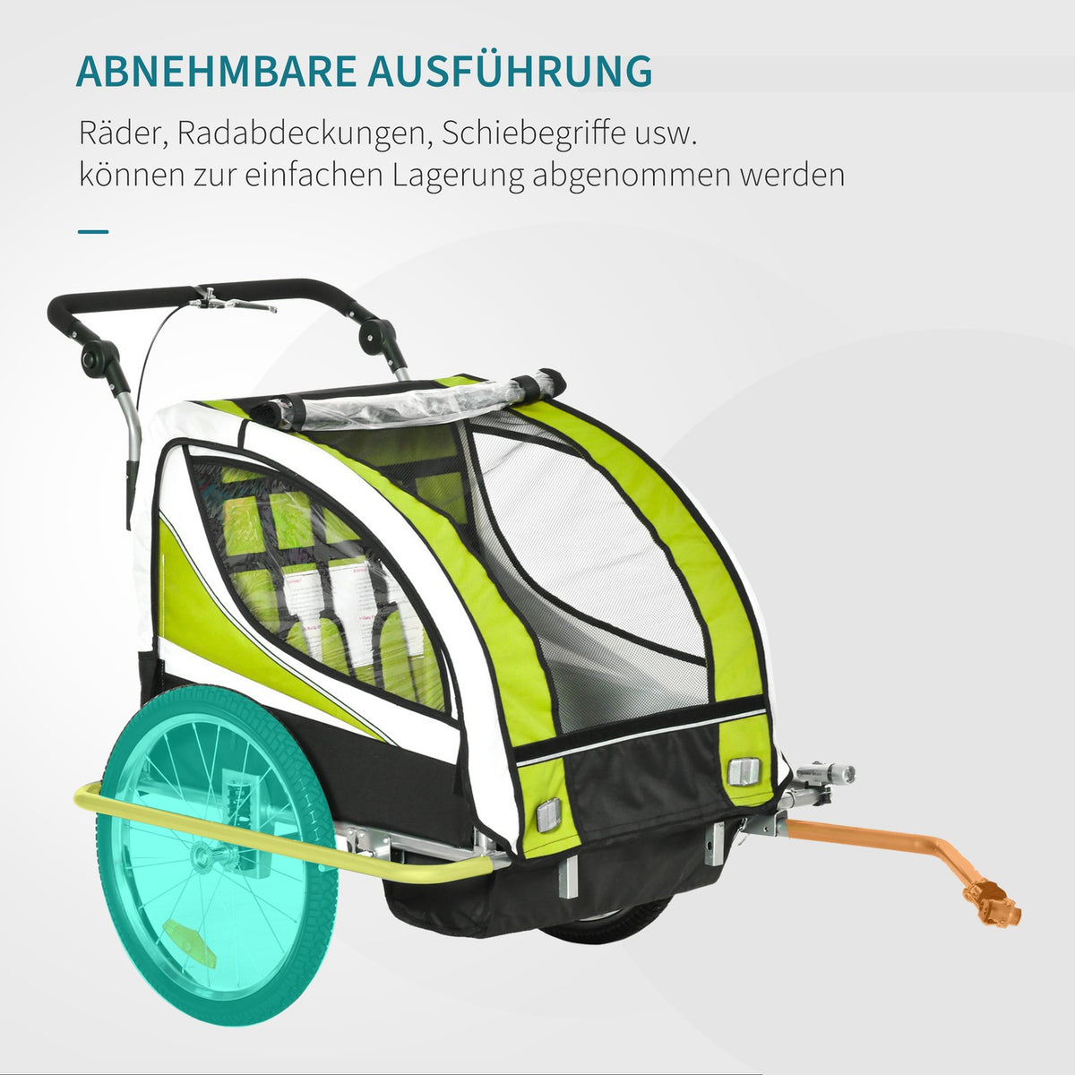 Children'S Trailer Children'S Trailer Bicycle Trailer For 2 Children With Rain Cover Breathable Green + Black 155 X 88 X 108 Cm