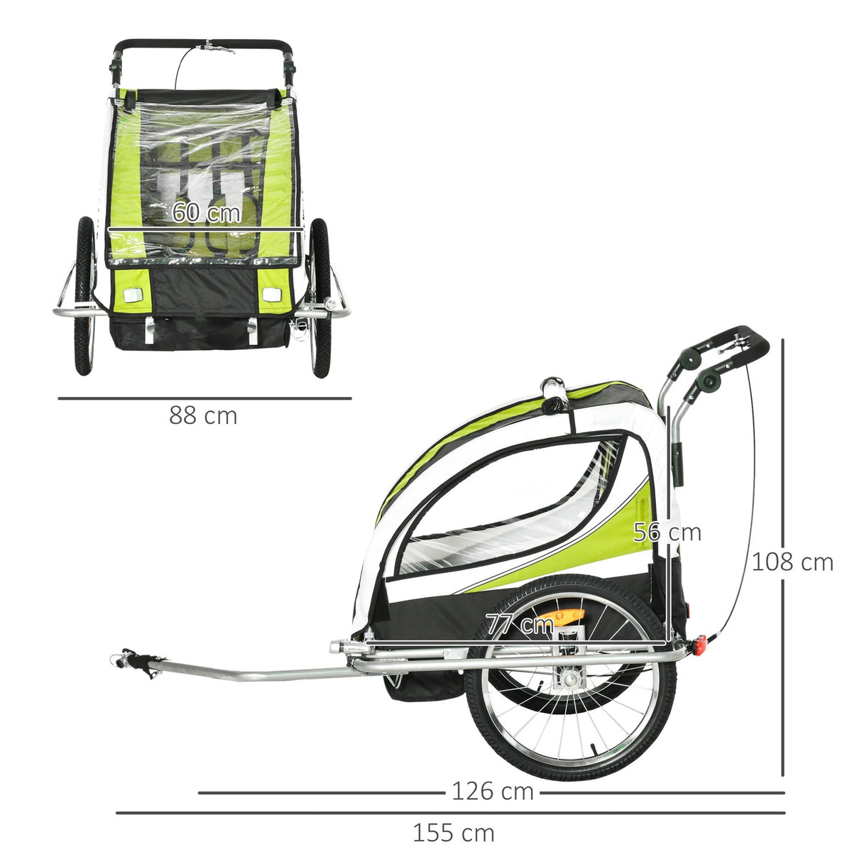 Children'S Trailer Children'S Trailer Bicycle Trailer For 2 Children With Rain Cover Breathable Green + Black 155 X 88 X 108 Cm