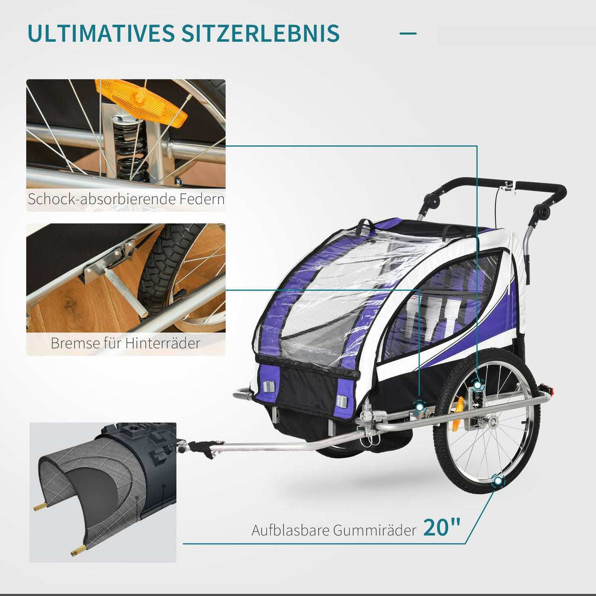 Children'S Trailer Children'S Trailer Bicycle Trailer For 2 Children With Rain Cover Breathable Purple + Black 155 X 88 X 108 Cm