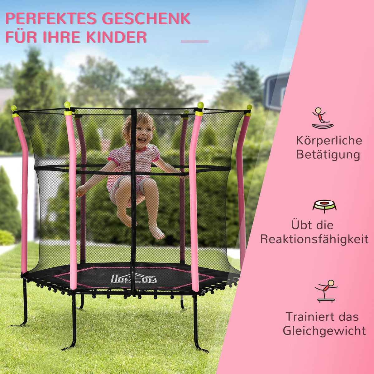 Children'S Trampoline 5.3Ft Garden Trampoline With Safety Net & Edge Cover, Rubber Rope, 163.5H Cm, Up To 60 Kg