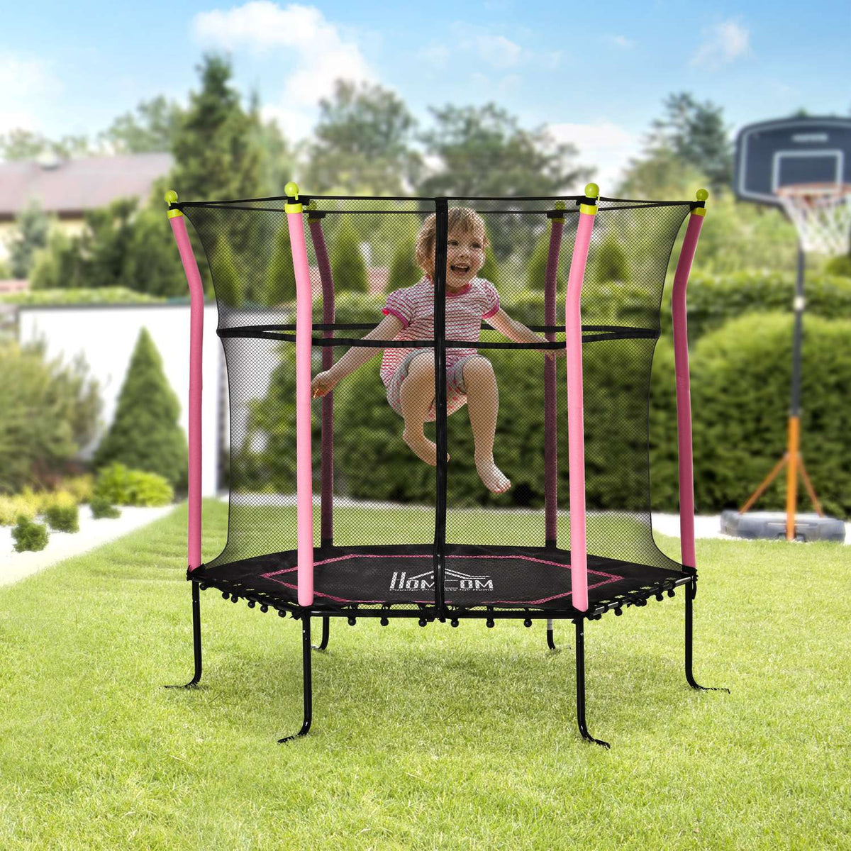 Children'S Trampoline 5.3Ft Garden Trampoline With Safety Net & Edge Cover, Rubber Rope, 163.5H Cm, Up To 60 Kg