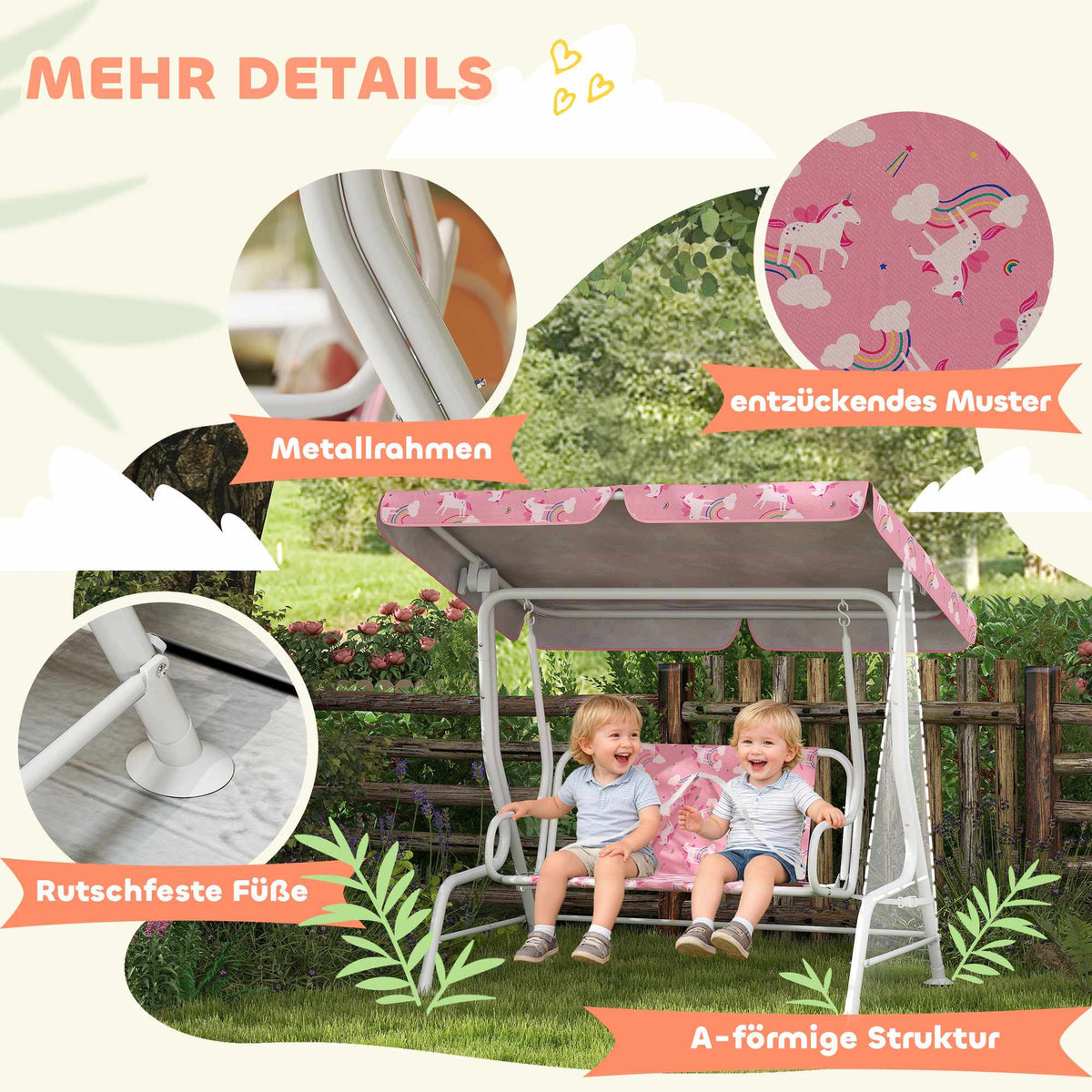 Children's 2-Seater Swing with Adjustable Canopy, Pink