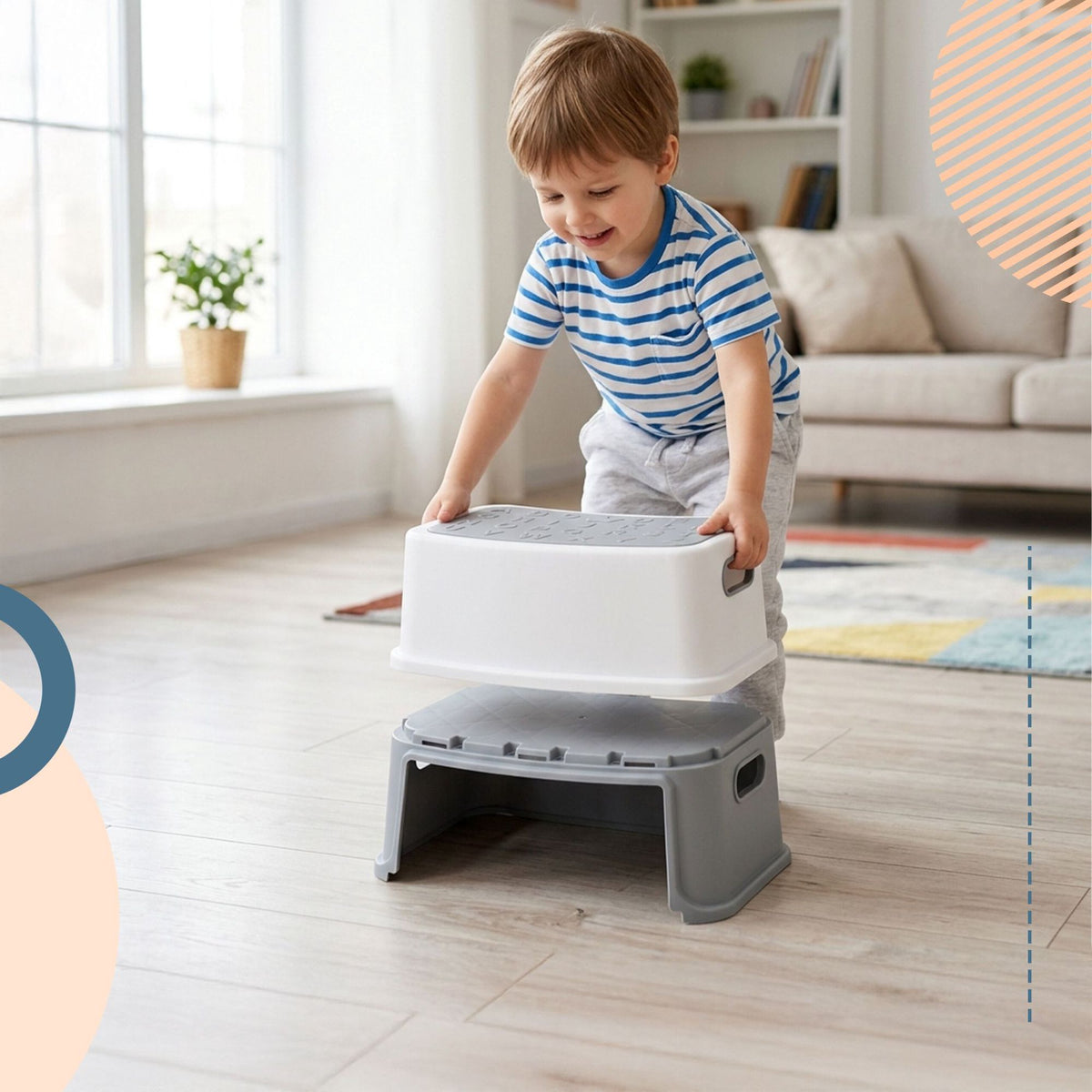Children's 2-Step Stool, Non-Slip, Grey/White