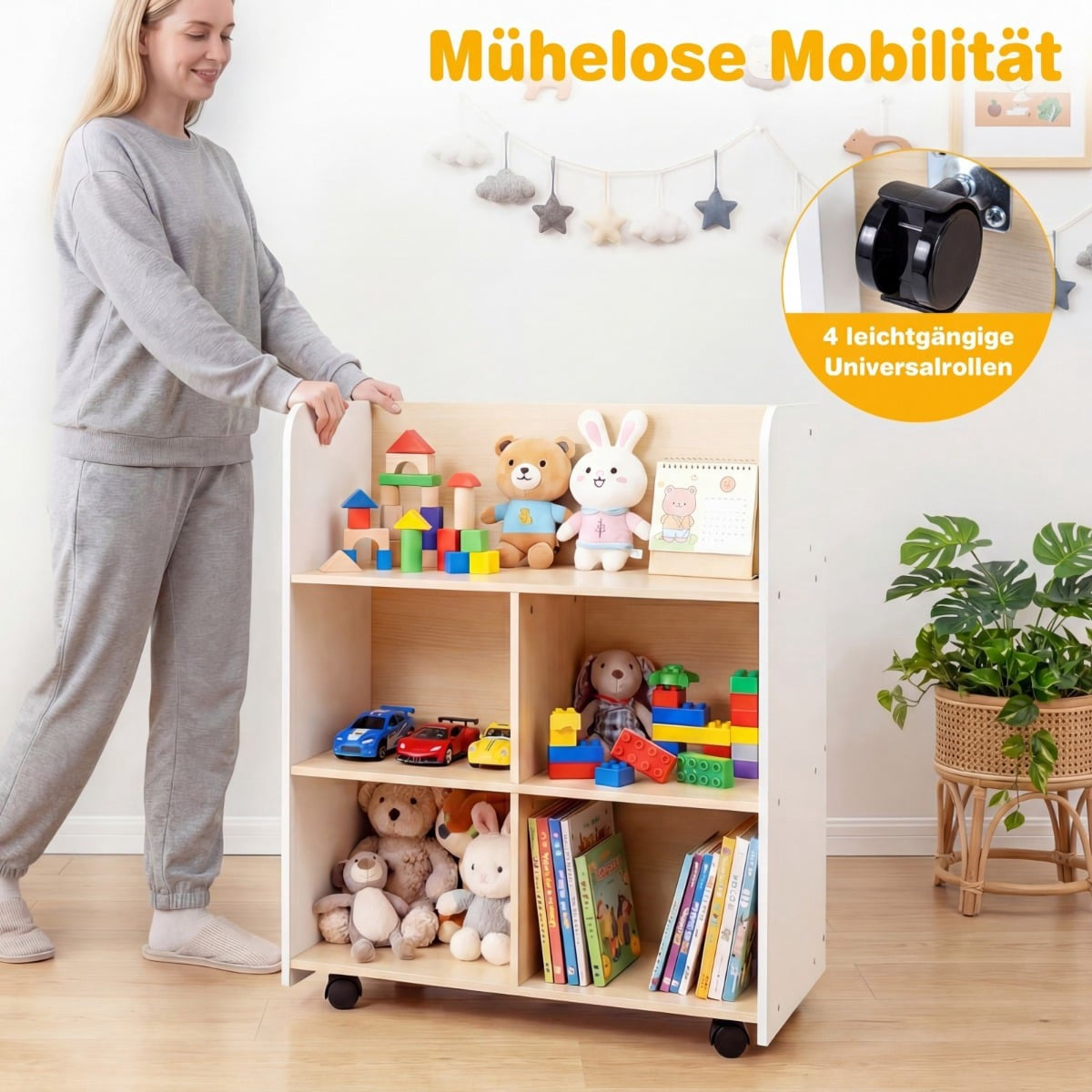 Children's 3-Tier Bookshelf with Wheels, Dual-Sided Display