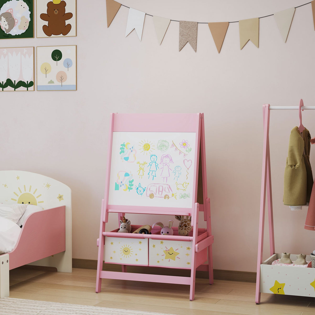 Children's 3-in-1 Easel with Chalkboard, Whiteboard, Pink