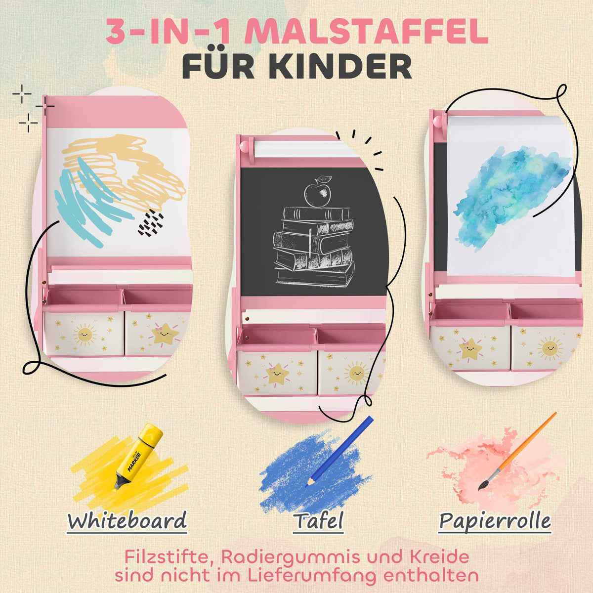 Children's 3-in-1 Easel with Chalkboard, Whiteboard, Pink