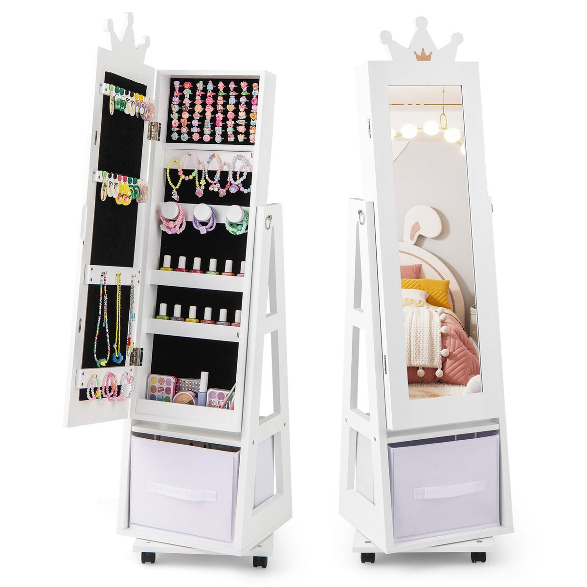 Children's 3-in-1 Jewelry Cabinet with Mirror, 360° Rotating