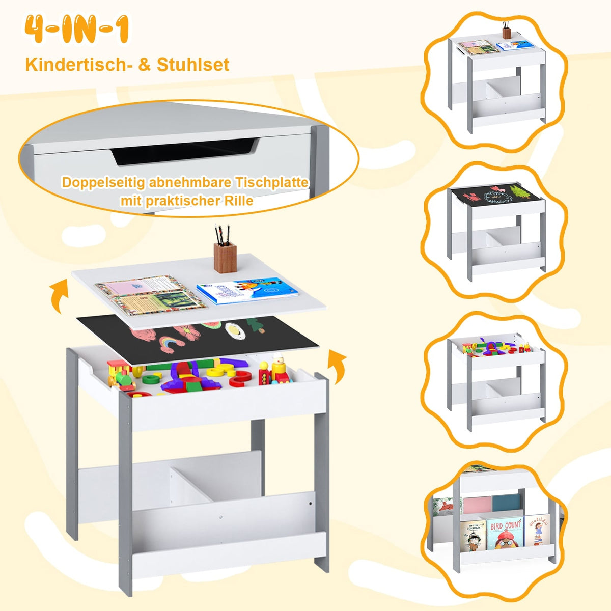 Children's 4-in-1 Table & Chair Set with Storage, Grey