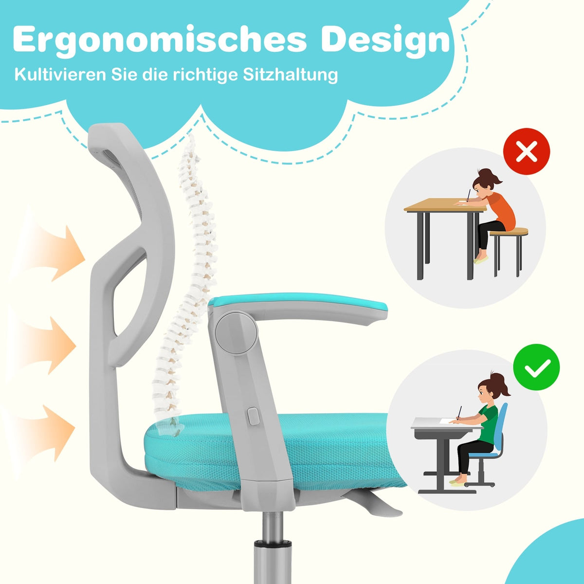 Children's Adjustable Desk Chair, 41-52 cm, Turquoise