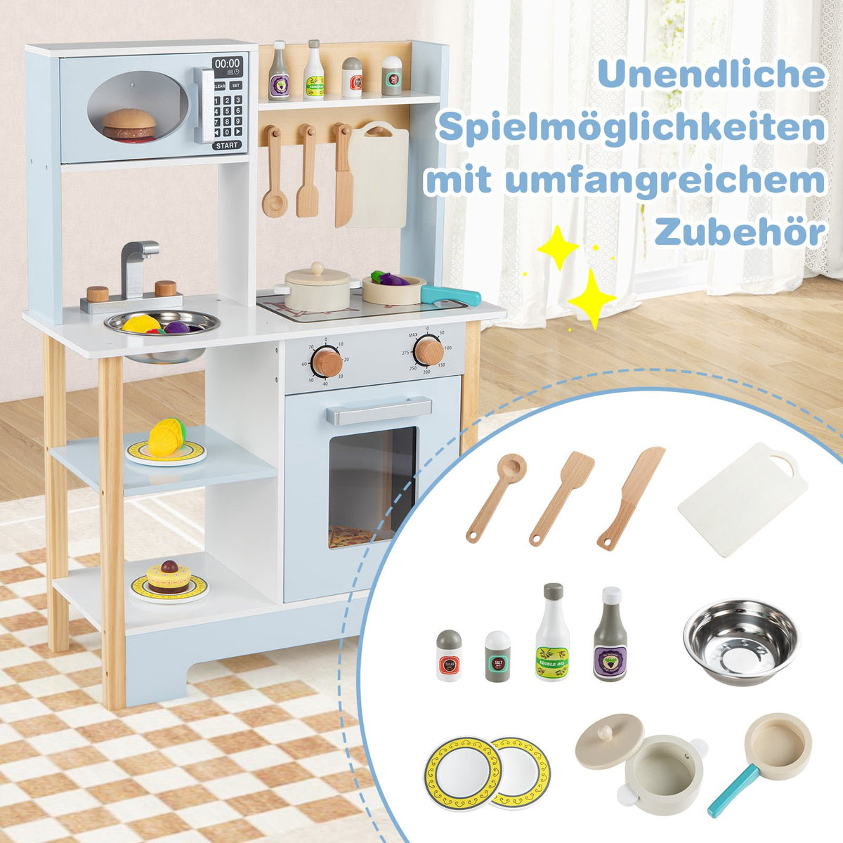 Children's Blue Play Kitchen with Microwave & Chalkboard