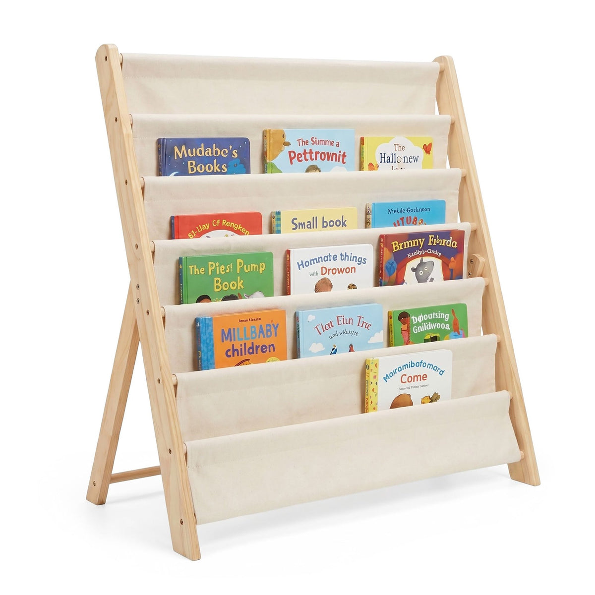 Children's Bookcase, 6 Fabric Pockets, Pine & Cotton