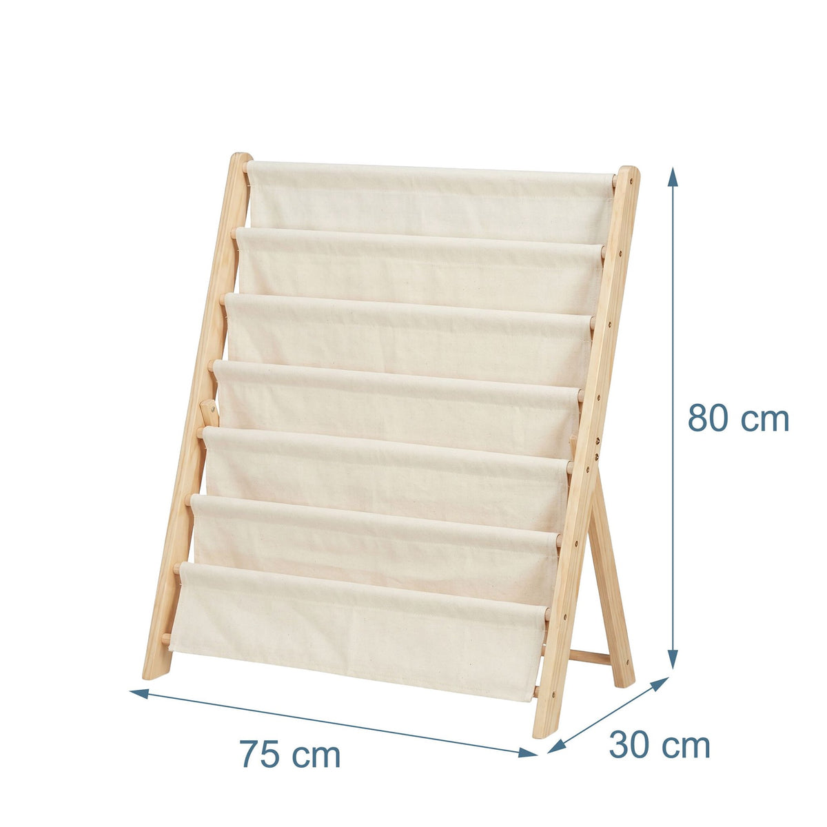 Children's Bookcase, 6 Fabric Pockets, Pine & Cotton