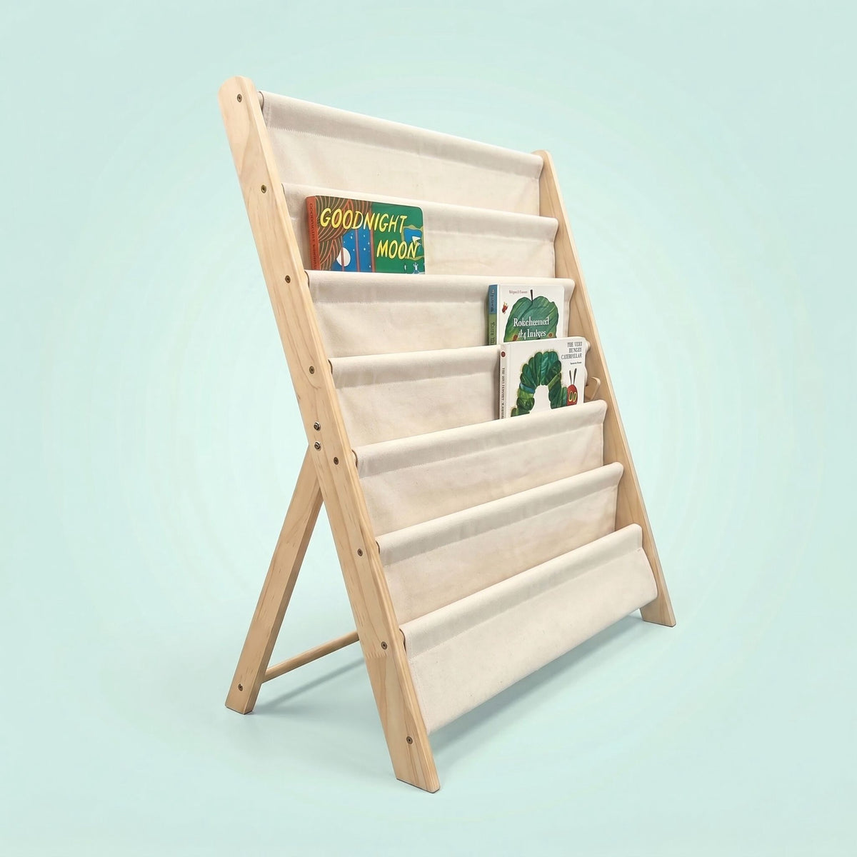 Children's Bookcase, 6 Fabric Pockets, Pine & Cotton