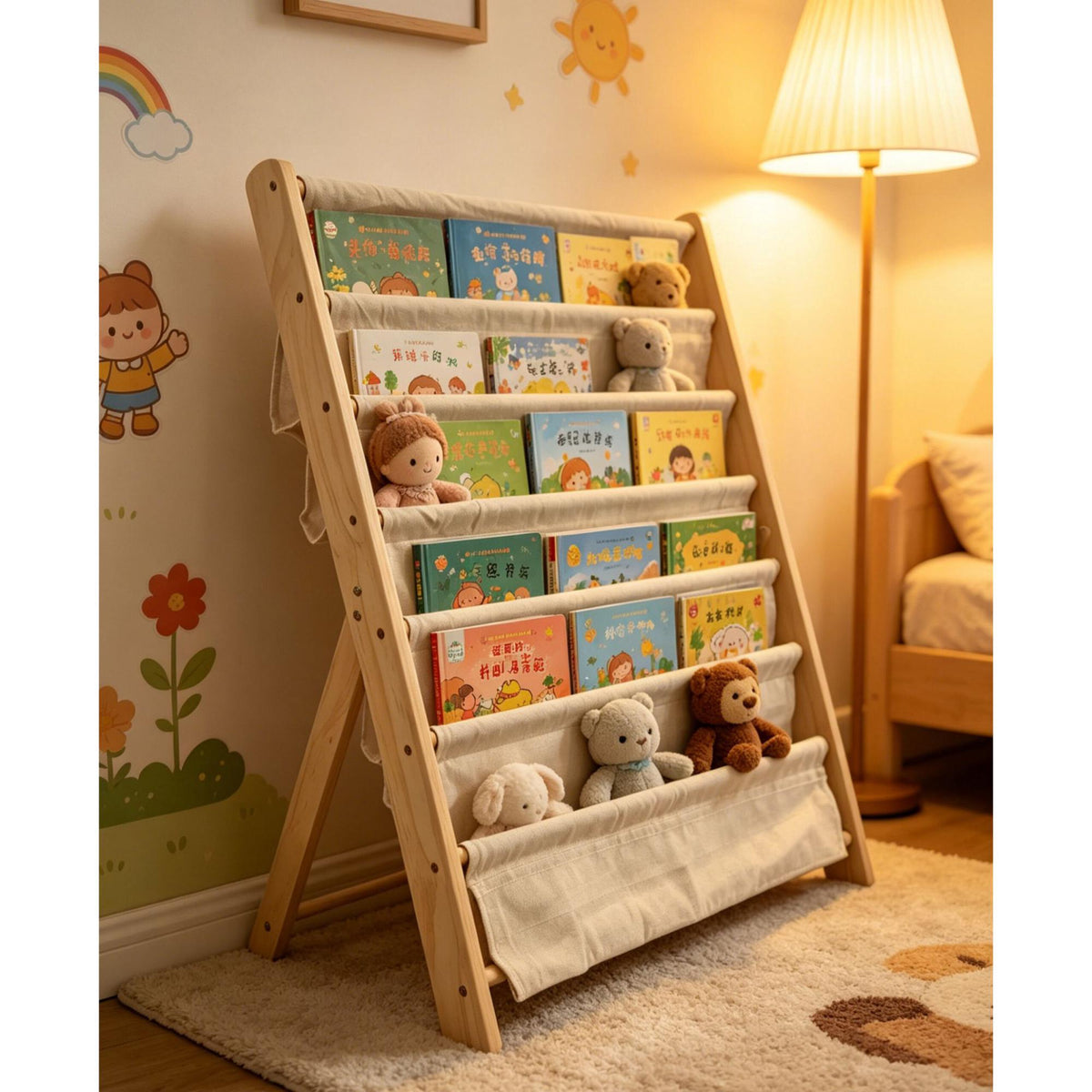 Children's Bookcase, 6 Fabric Pockets, Pine & Cotton