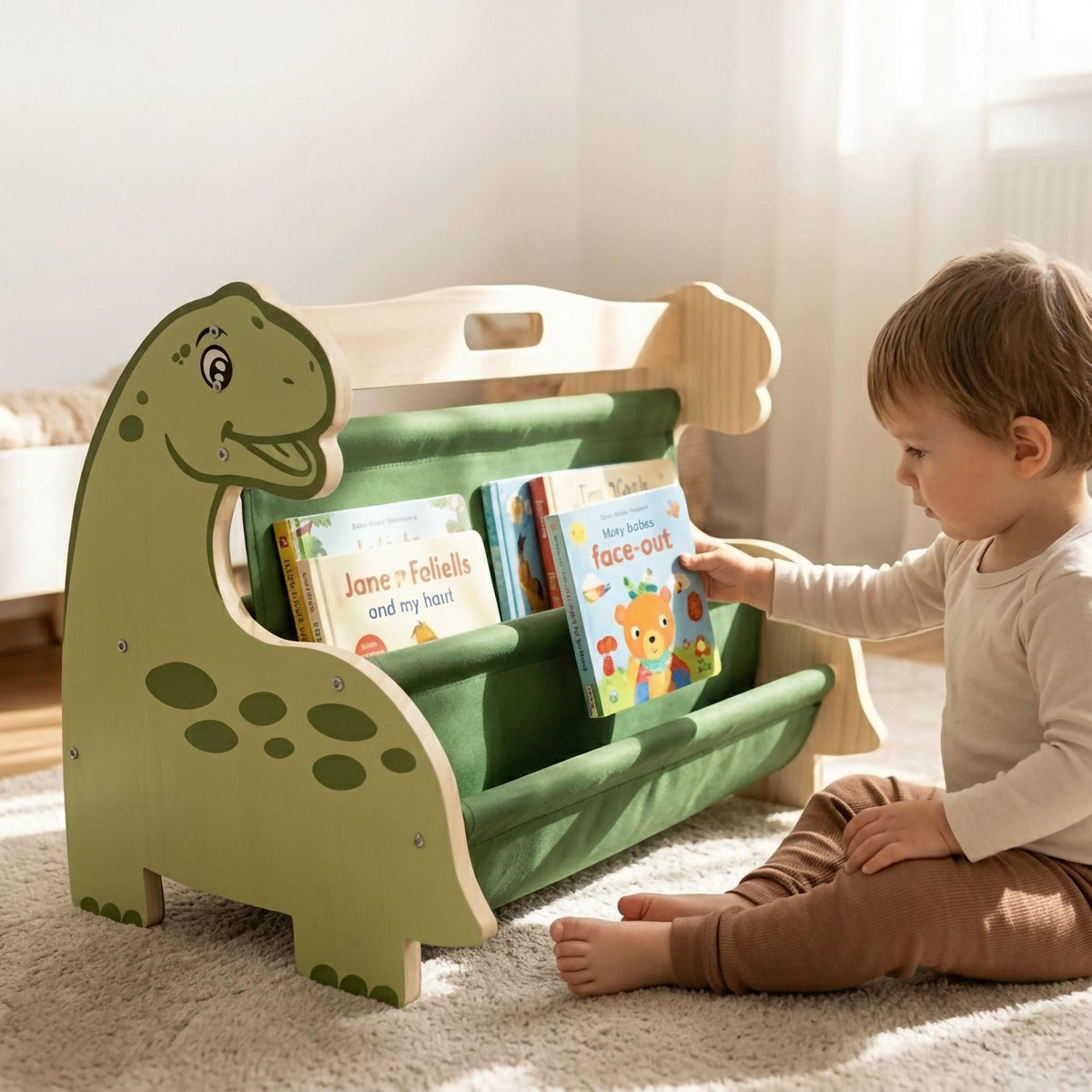 Children's Bookcase with 4 Fabric Pockets – Dino Design