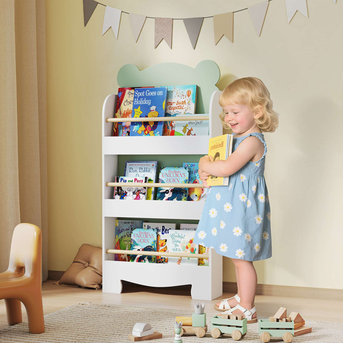 Children's Bookshelf, 3-Tier Bear-Themed, 55x15x110 cm, Green