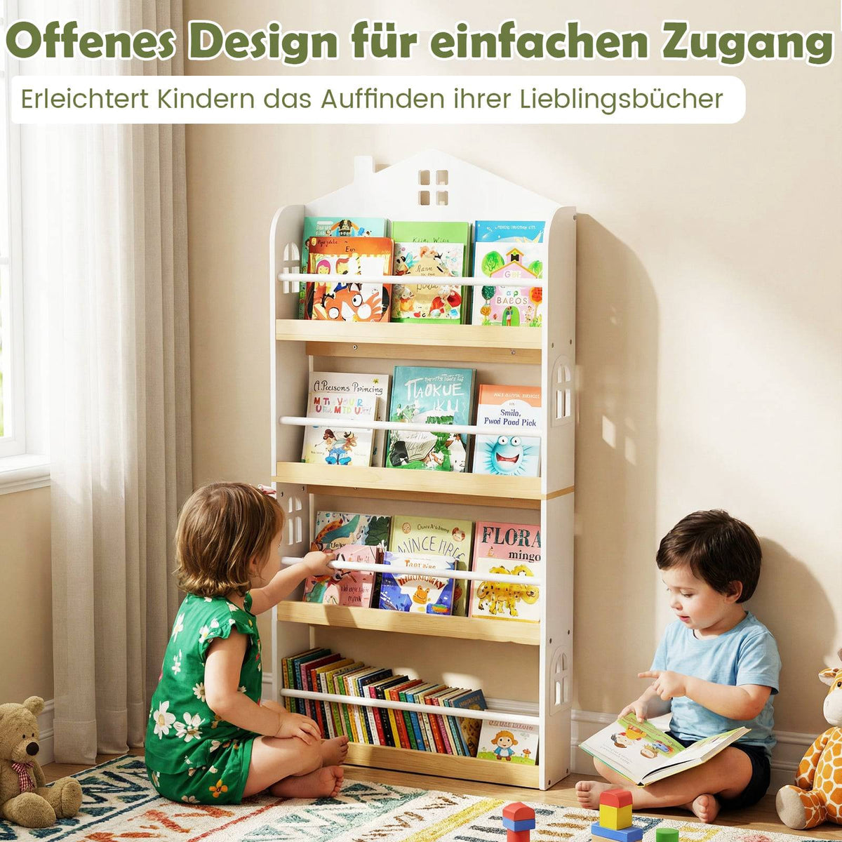 Children's Bookshelf House-Shaped, 4-Tier, Anti-Fall Safety